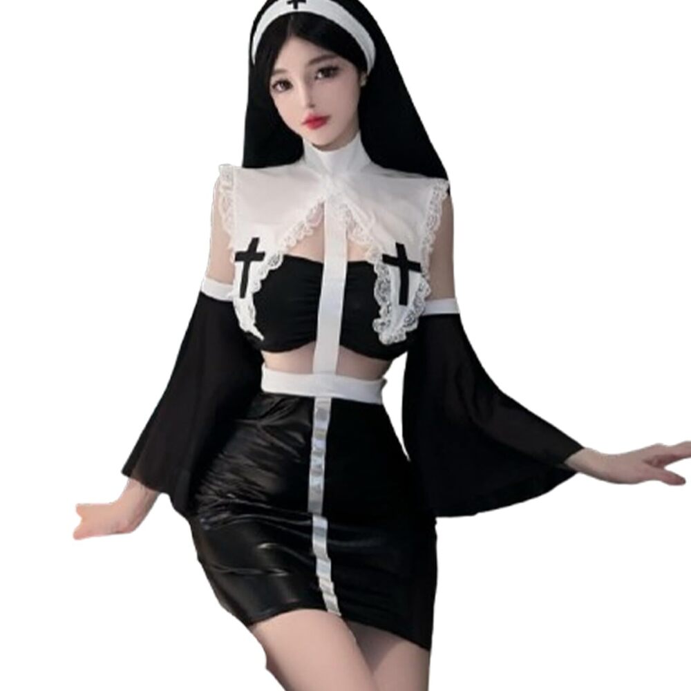 3961 Sexy Nun Costume Outfit – Halloween Costume – Black & White Faux